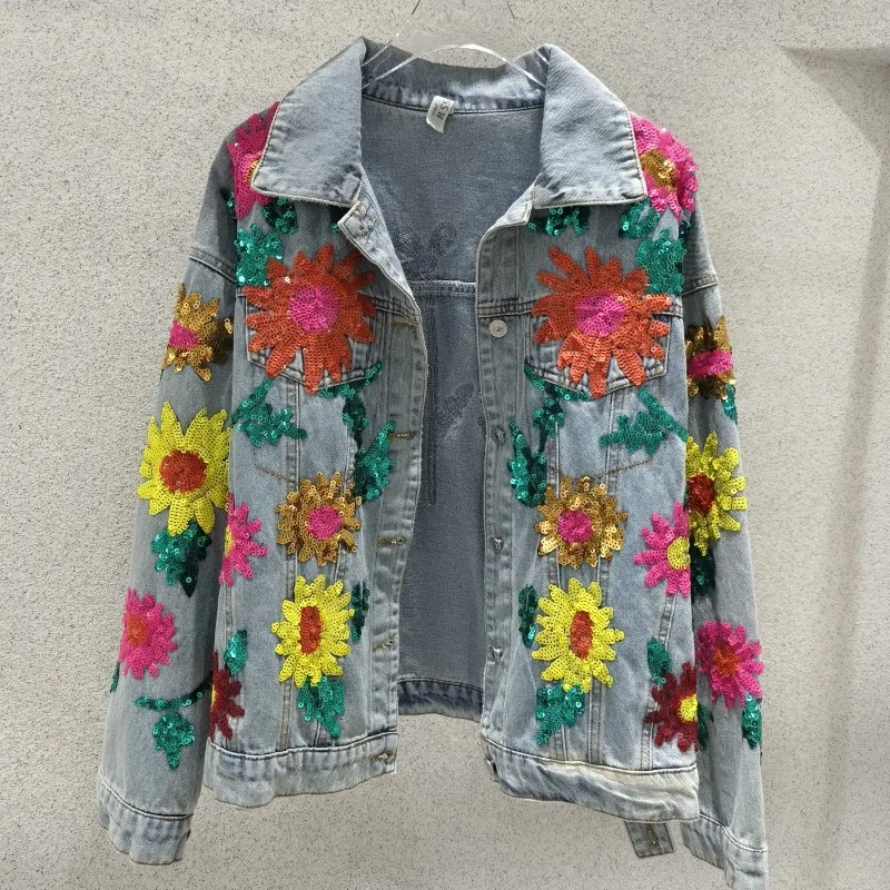 

Denim New Jacketspring Stylewomen's Autumn New Women's High-Quality Embroidered Colorful Sequin Flower Loose Denim Coat