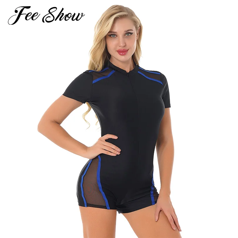Women Onepiece Sports Bodysuit Short Sleeves Front Zipper Stretchy