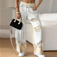 Retro denim ripped spliced ​​jeans women's clothing hip hop hoggers jogger casual street high waist elastic sports pants