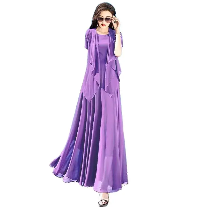 

Chiffon Dress Women's Summer Suit Skirt 2023 Fashion Temperament Slim Big Swing Skirt Slim Long Skirt Cardigan Two-Piece Female
