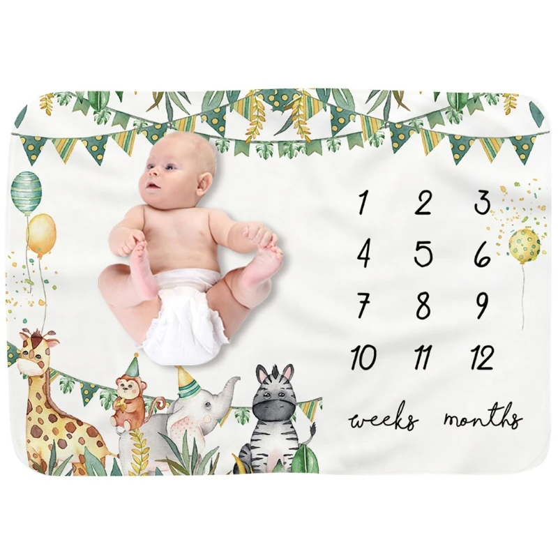 H3CD Baby Monthly Record Growth Milestone Blanket Newborn Soft Flannel Cartoon Animal Printed Swaddle Wrap Photography Props