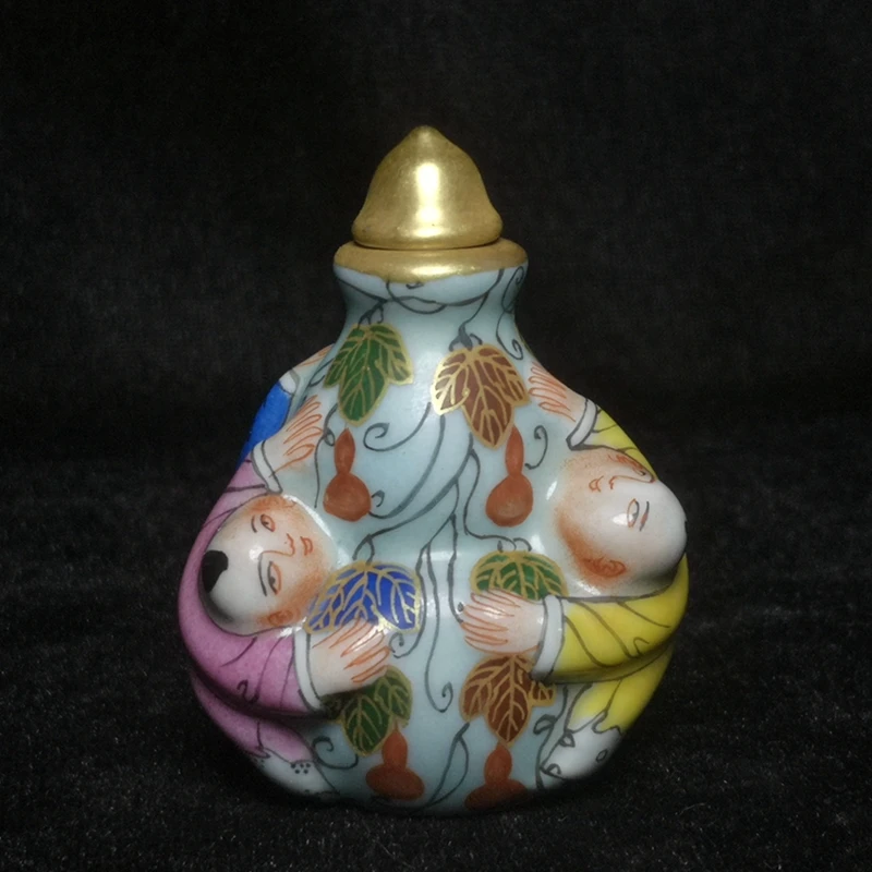 mark china qianlong-year-porcelain painting-gourd 3-boy-snuff bottle-collection