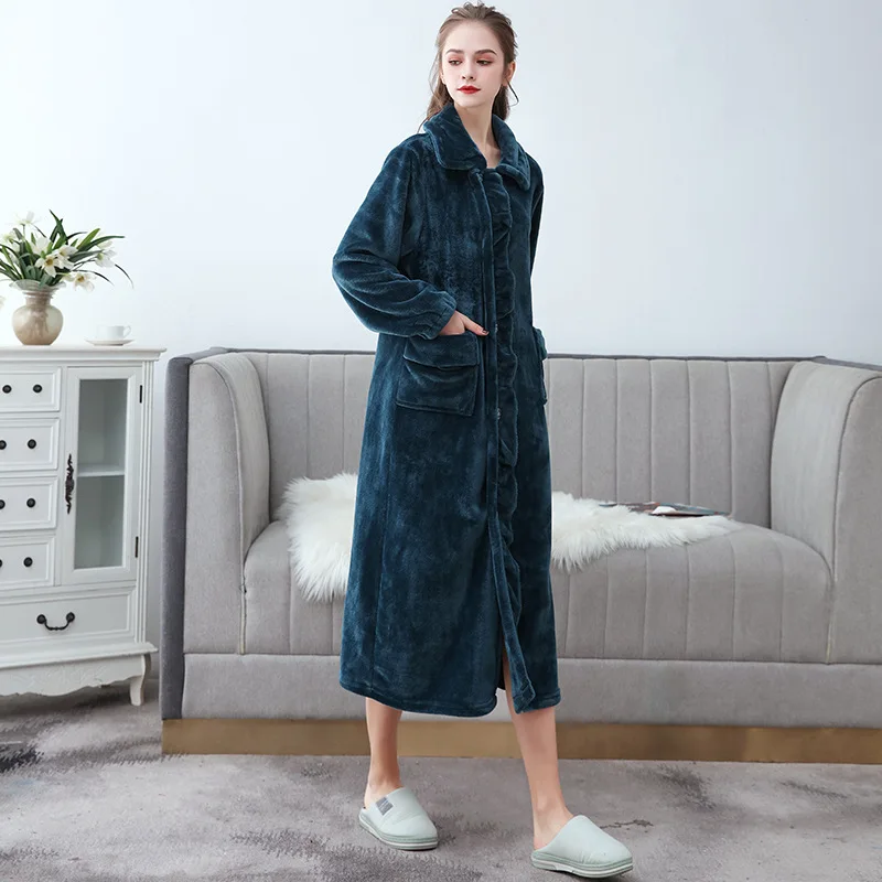 Autumn Winter Long Flannel Bathrobe Home Wear Clothes Dressing Gown Women's Coral Fleece Soft Nightdress Warm Bath Robes