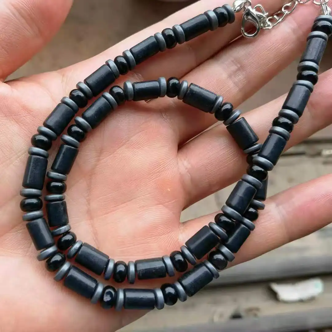 Hematite cubes stones necklace for men and silver nuggets - JoyElly