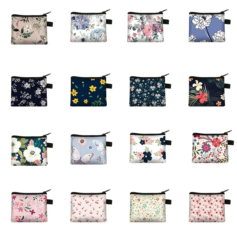 Bloemen Plaid Print Rits Cosmetische Bag Storage Pouch Vrouwen Kinderen Canvas Portemonnee Kleine Portemonnee Sleutel Kaarthouder Mini Geld tas