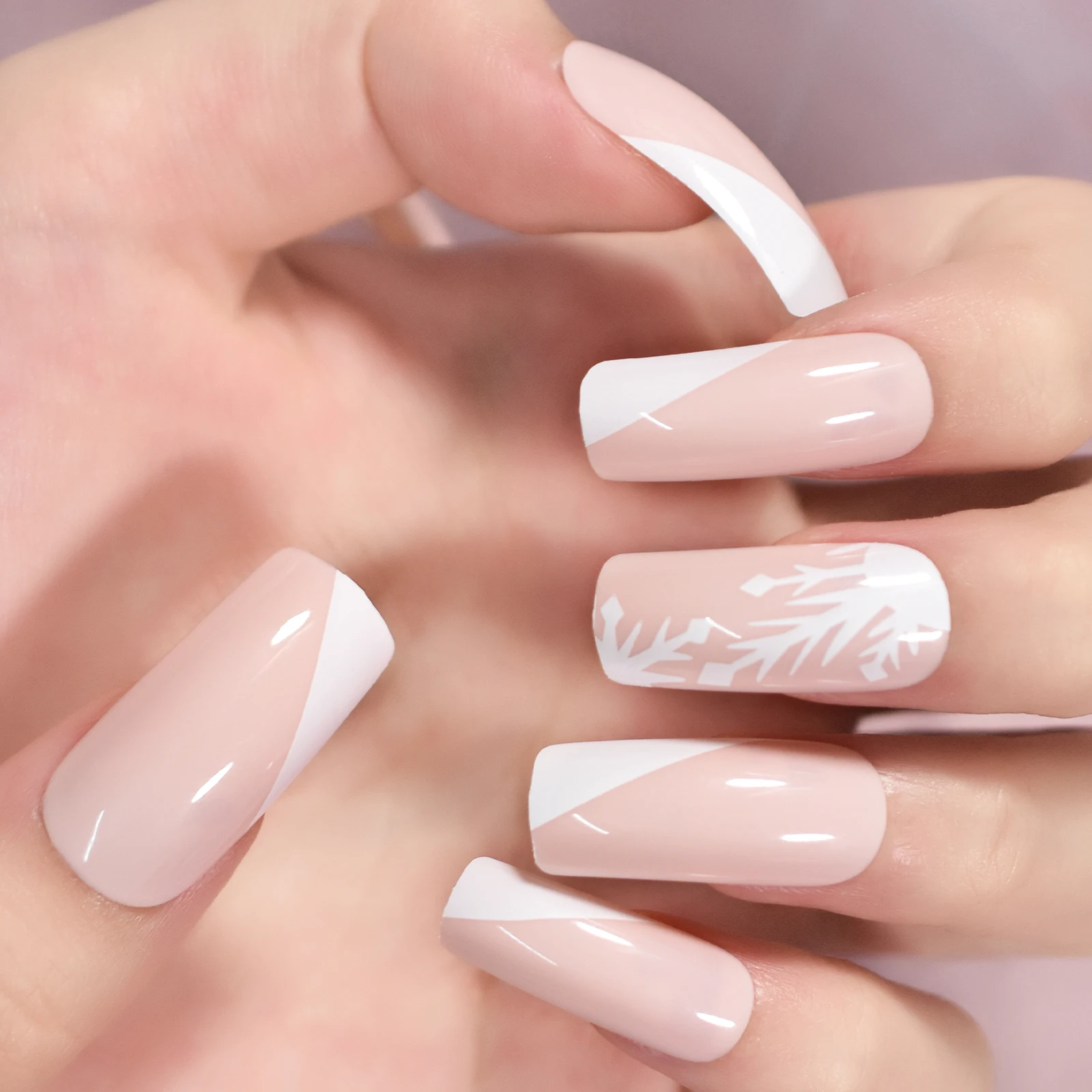  Nude White Press On Nails Medium Square French Glossy