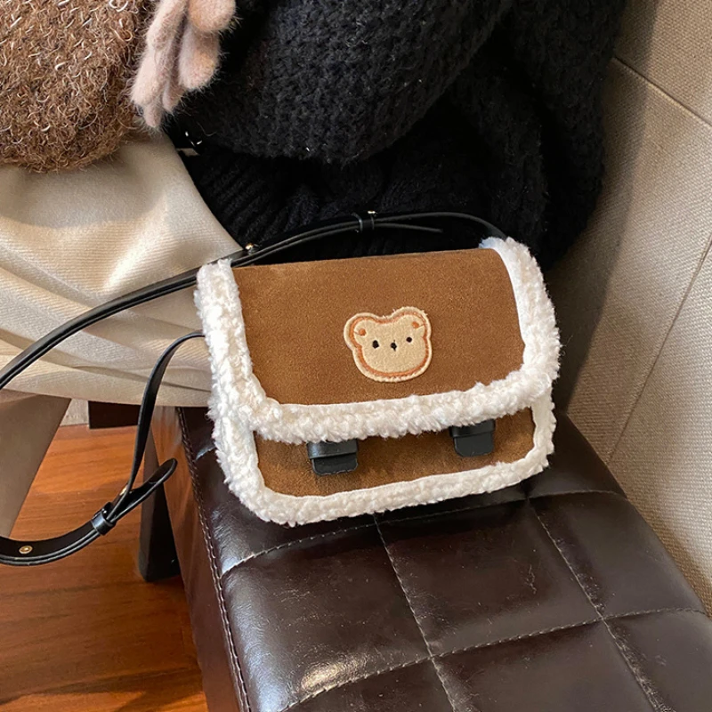 

Xiuya Cute England Style Crossbody Bag Bear Print Solid Color Plush Shoulder Bag Fall Winter Fashion Designers Vintage Handbag