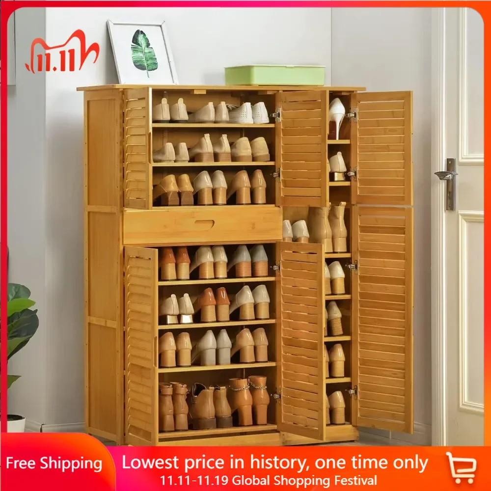 12.5"D x 39"W x 50.5"H Shoe Cabinets with Shutter Doors & 1 Drawer for 31-35 Pairs, Bamboo Large Shoe Cabinets
