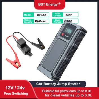 Avviatore di emergenza a batteria 2000A Picco 18000mAh Avviatore di emergenza per auto (fino a gas da 8,0 litri o motore diesel da 6,0 litri) Batteria portatile da 12 V