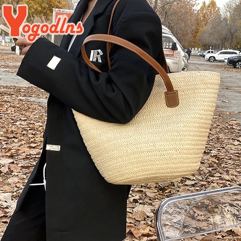 Yogodlns Summer Large Capacity Straw Bag For Women Knitted Straw Bag Bohemia Top-handle Bag Travel Totes Bags Armpit Bag  bolsa