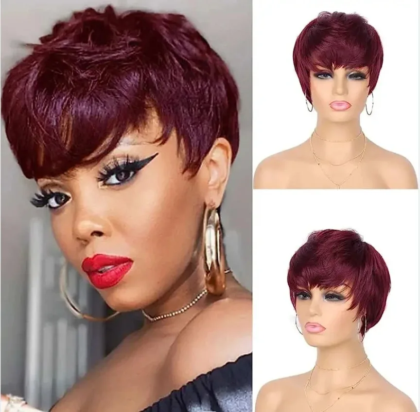 Human hair wigs LUXURIOUS Burgundy 99J Colored Short Bob Remy Human with Bangs Glueless Pixie Cut Full Machine Made
