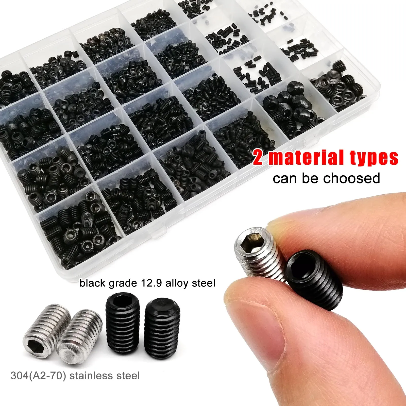 Black Hex Socket Allen Cup Point Grub Screw Assortment Kit - 304 Stainless Steel