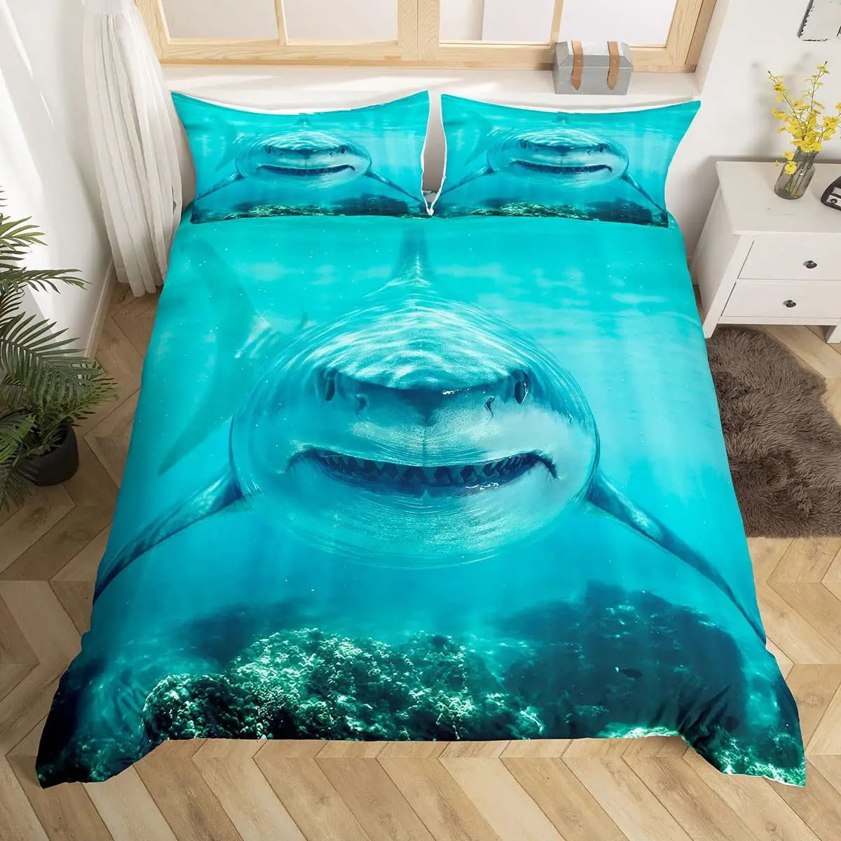 3D Shark King Queen Bedding Set Sea Animals Copripiumino Underwater World Marine Life Copripiumino Copripiumino In Poliestere Blu