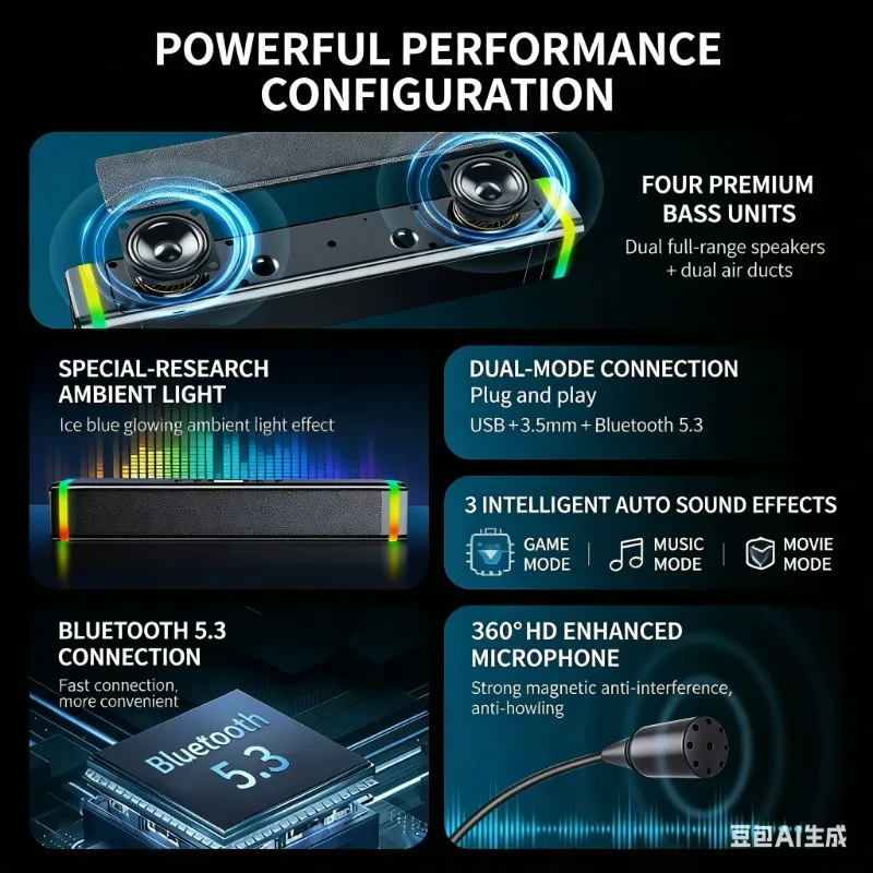 SADA 컴퓨터 스피커, 스테레오 PC 사운드바, RGB 라이트 모드, 플러그 앤 플레이, USB/타입-C 전원 공급, 데스크탑 태블릿 모니터용