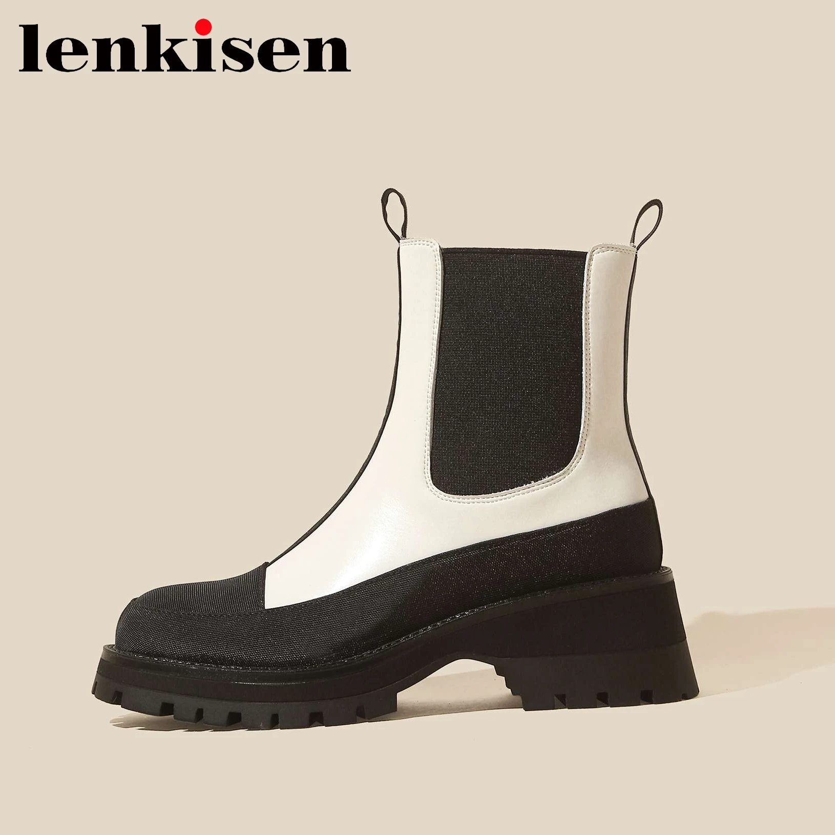 

Lenkisen Genuine Leather Slip on Med Heels Chelsea Boots Round Toe Winter Shoes Patchwork Mixed Colors Solid Casual Ankle Boots