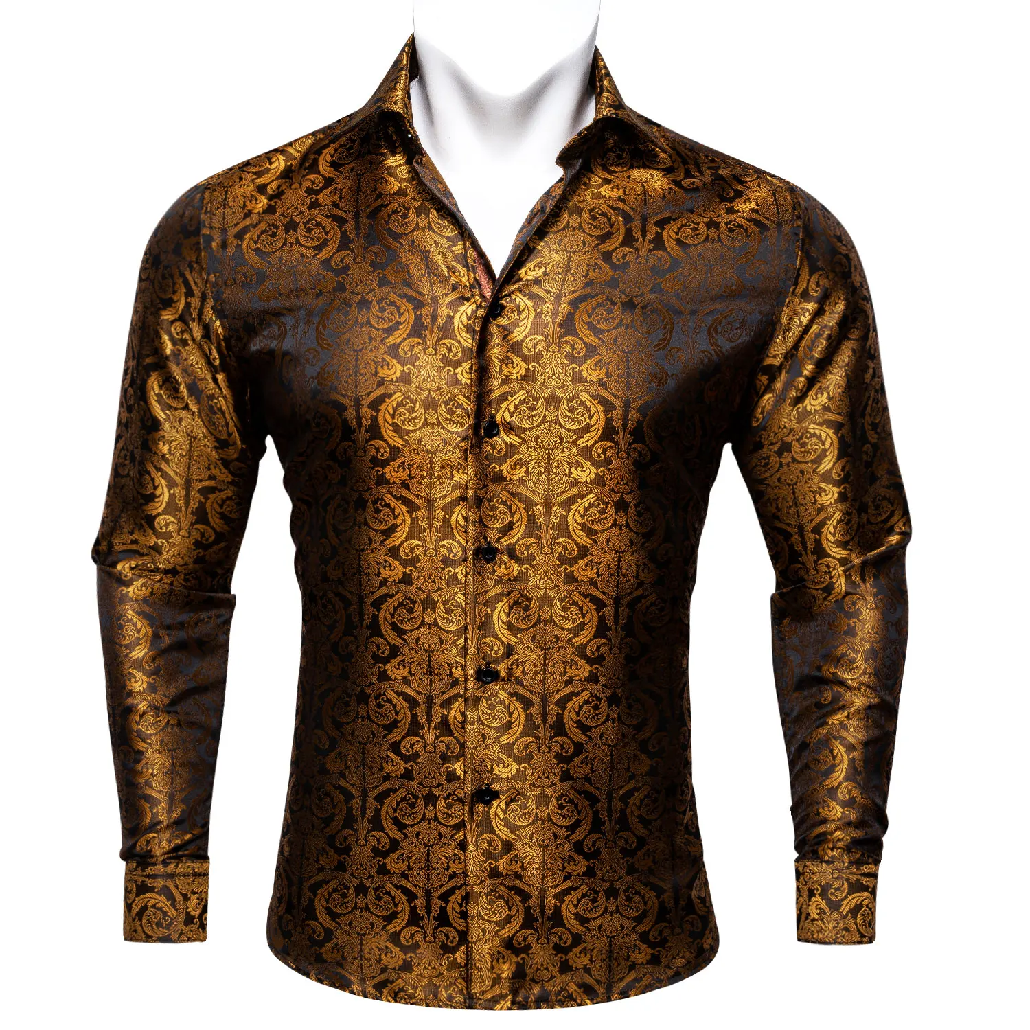 

Barry.Wang Luxury Silk Printed Men Shirt Lapel Jacquard Long Sleeve Floral Embroidered Spring Autumn Fit Party Business CY-0405