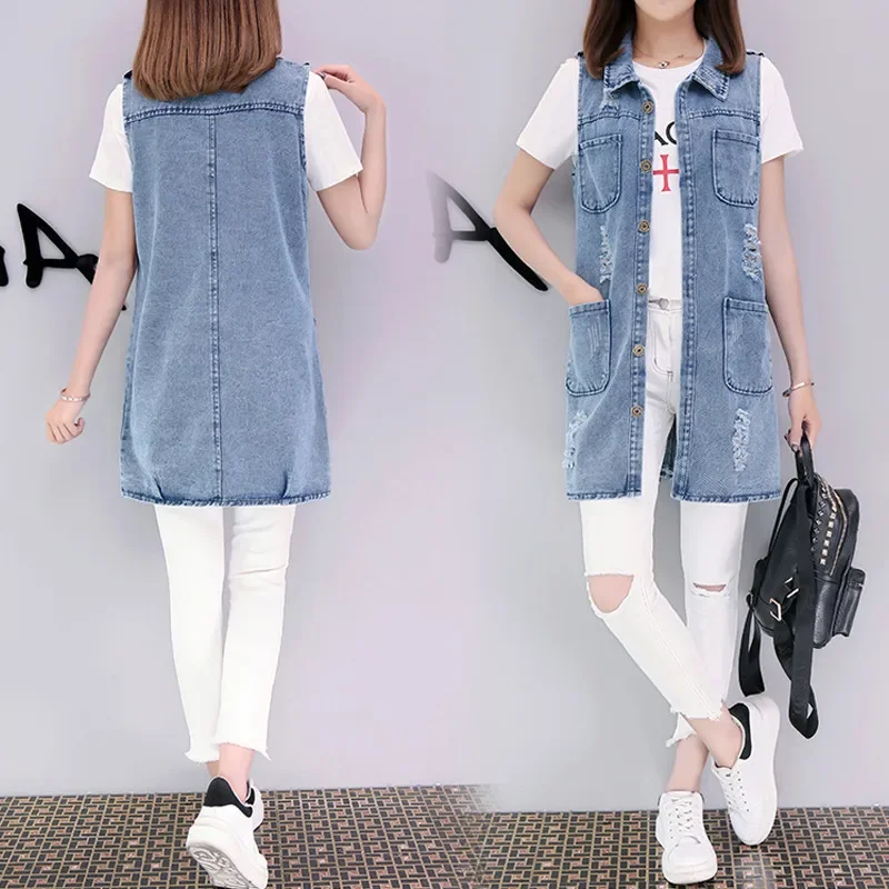 Women's Fashion Sleeveless Casual Jacket Outerwear 2024 Denim Vests Spring Summer Ripped Long Hole Stylish Jean Waistcoat Female