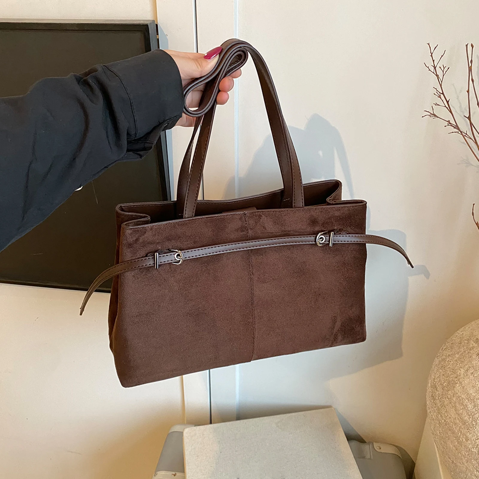 Faux Suede Tote Bag Vintage Hobo Handbag Large Capacity Shoulder Bag Underarm Bag for Women Travel Work