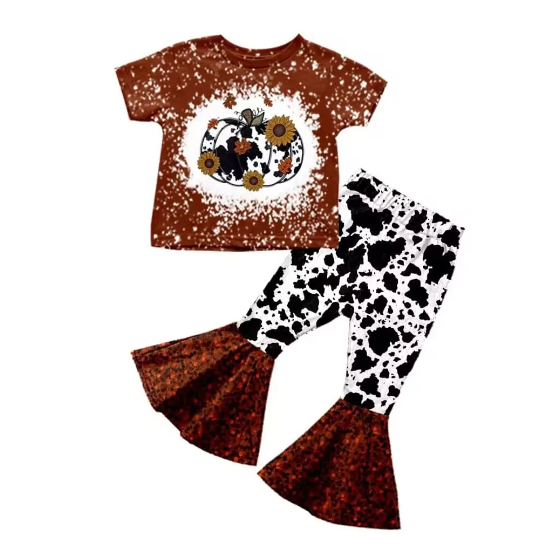 

Milk silk short-sleeved top and flared pants 2-piece summer boutique girl suit wholesale children's clothing