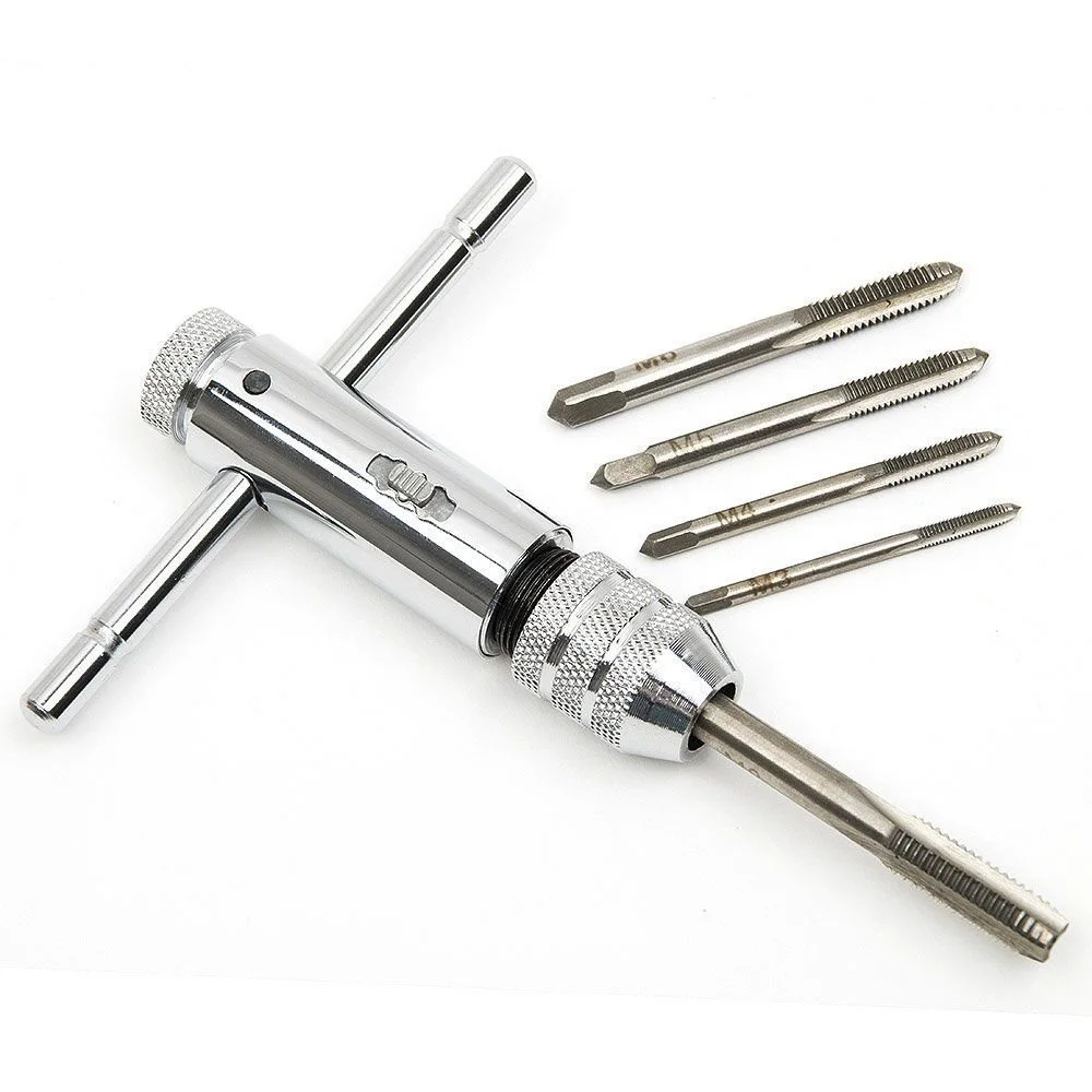Adjustable Silver T-Handle Ratchet Tap Holder Wrench with 5pcs M3-M8 3mm-8mm Machine Screw Thread Metric Plug T-shaped Tap 6