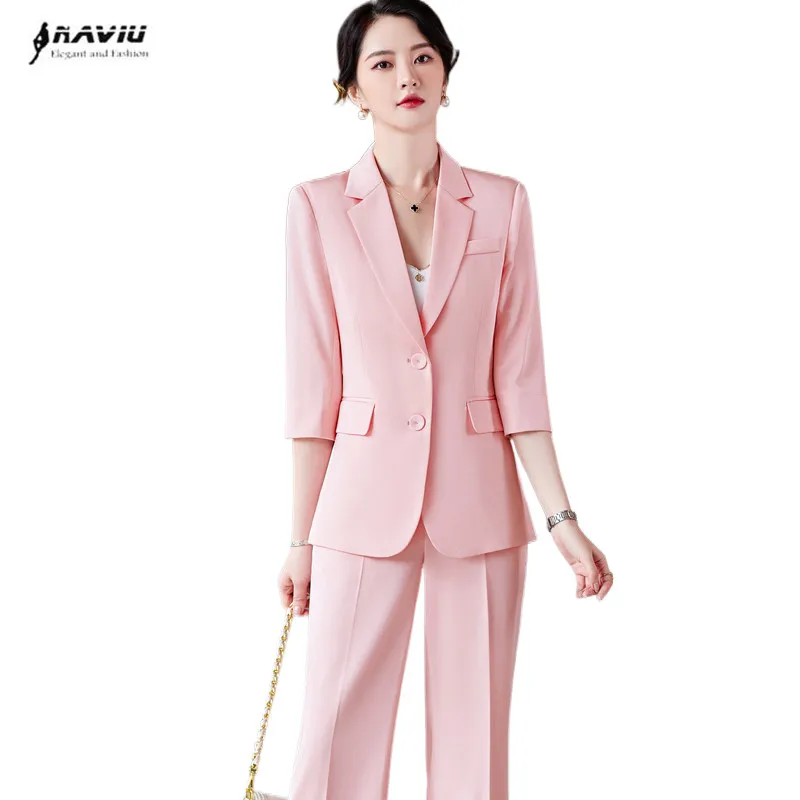 Summer Women Pink Suits High End Half Sleeve Business Formal Fashion  Temperament Slim Blazer And Pants Office Ladies Work Wear