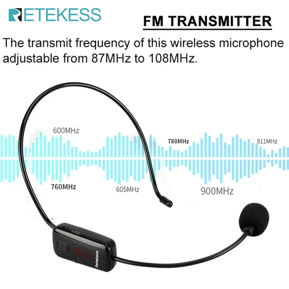RETEKESS TR503 Wireless Microphone Condenser Headset Megaphone Radio Mic FM 87-108MHz for Loudspeaker Teaching Meeting Guide
