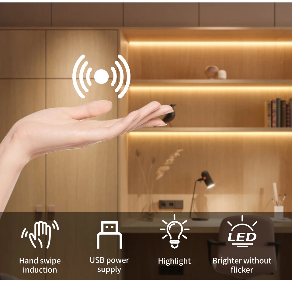 Description Picture 3 of item5V LED Strip Lights 1M 2M 3M 4M 5M 10M USB Diode Tape with Hand Scan Sensor Switch for Bedroom Cabinet Closet Kitchen Stairs