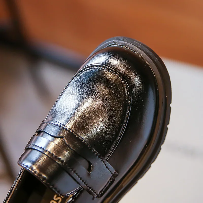 Leather Kids School Shoes Black Slip On Loafers