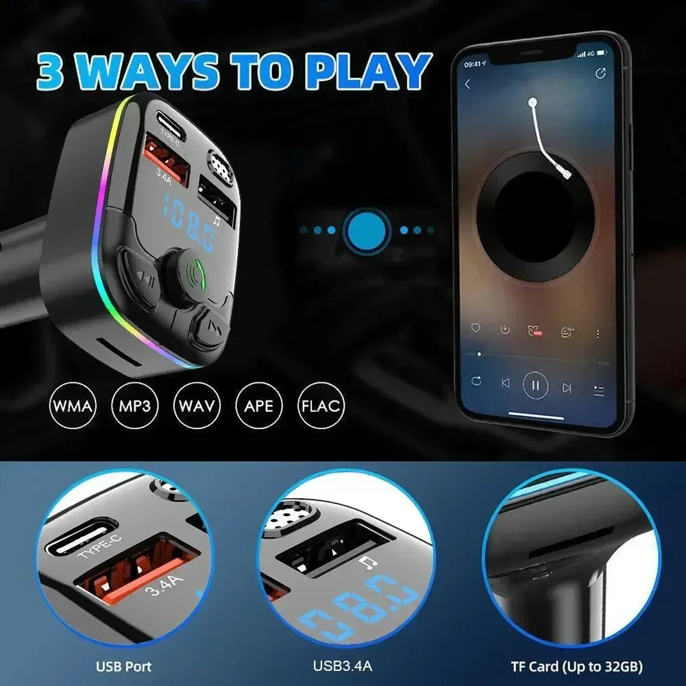 Car Bluetooth 5.0 FM Transmitter PD Type-C Dual USB 3.1A Fast Charger Colorful Ambient Light Car Accessories Player Car Radio