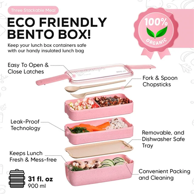 3-In-1 Rekesz Búza Szalma Bento Doboz Újrahasznosítható Asztali Edények Ebédedények Étkezés És Snack Ételek Hordozható Ebéddoboz - Image 2