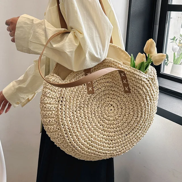 Vintage Round Raffia Beach Bag - Handwoven Circle Tote