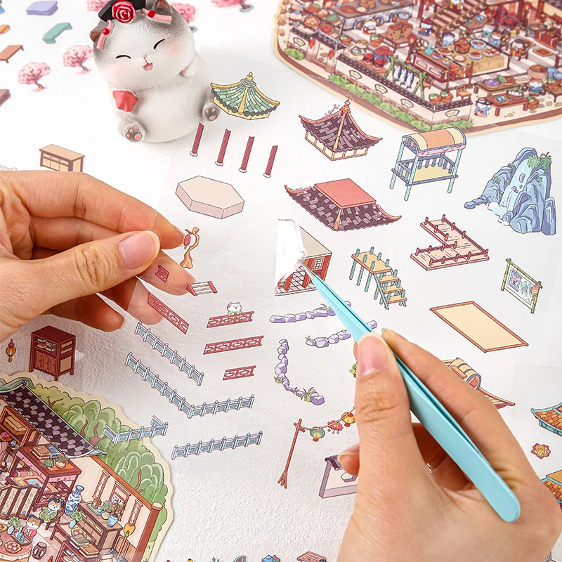 Kawaii 고대 건축3D 캐빈 장면 스티커 풍경 스티커 DIY 포켓 캐빈 장면 축제 휴일 선물