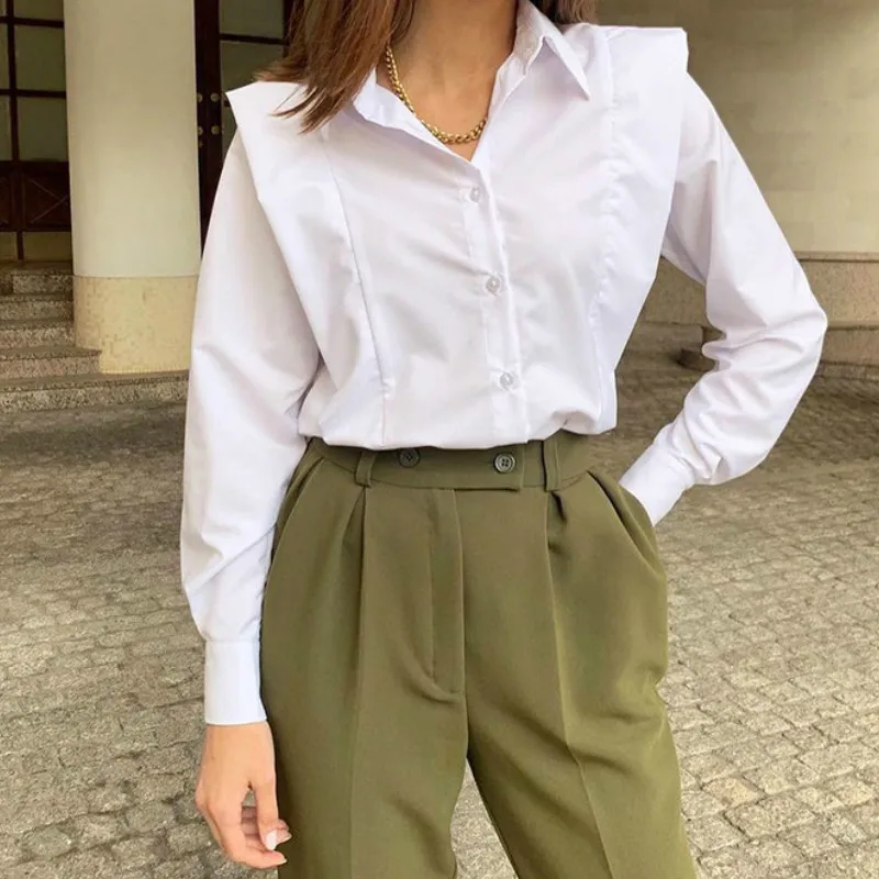 

Female Single-Breasted Lapel Chic T Shirts Women Cotton Spring Office Lady White T Shirt Tees Casual Solid Long Sleeve Work Tops