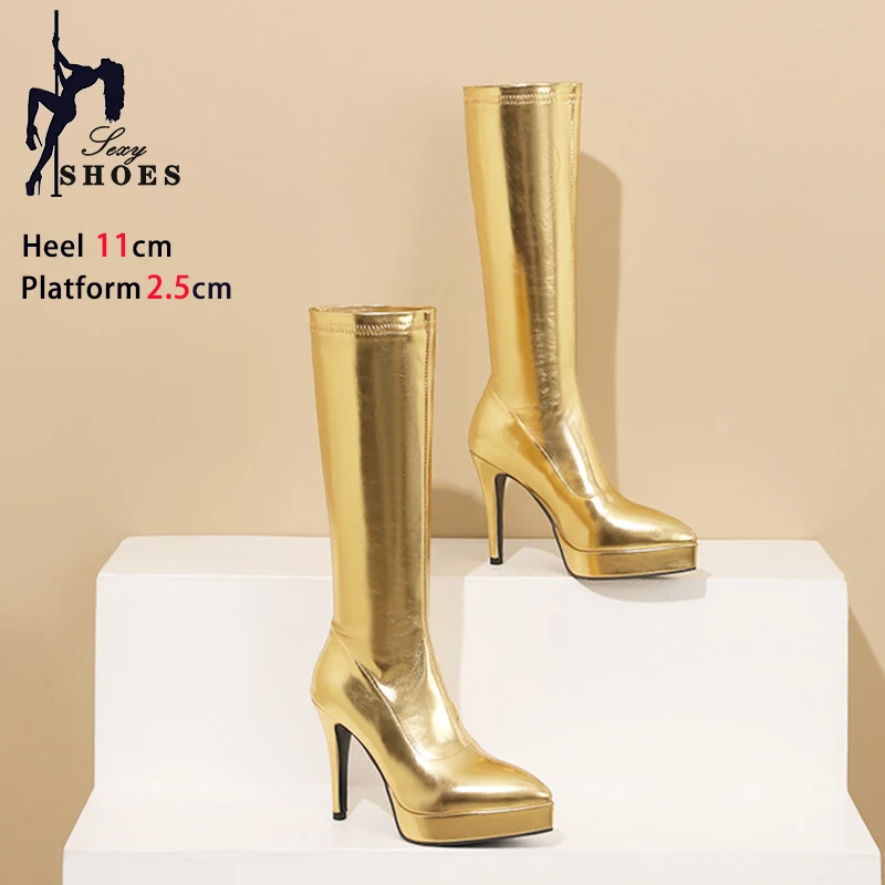 Gold Platform Boots Elastic Patent Leather Lady Pointed Toe High Heels 11CM Slim Leg Mid Boots Large Women Spring Autumn Shoes