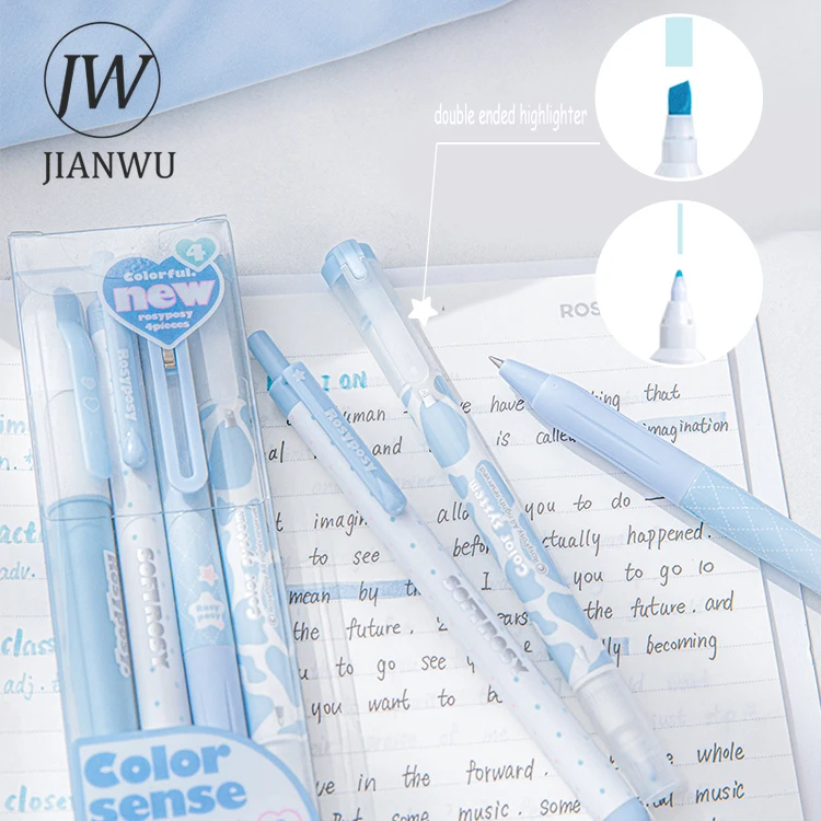 JIANWU 4 pz/set Multicolor Quick Dry Press Gel Pen and Highlighter Set scrivi senza intoppi forniture per studenti fai da te Creative cancelleria