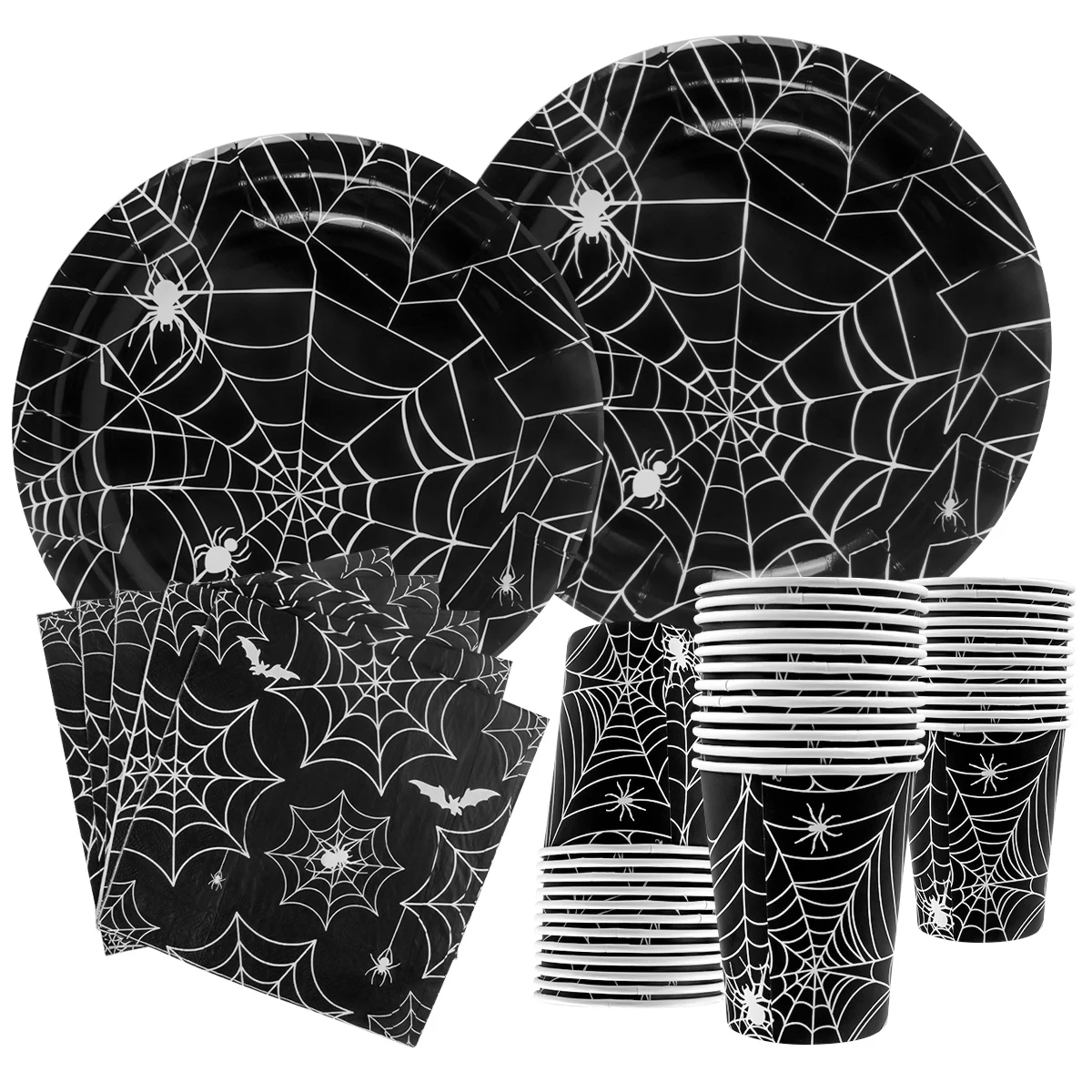 Kit Vaisselle Halloween Pour 16 Invités - Assiettes, Gobelets, Serviettes Motifs Squelettes, Citrouilles, Fantômes - Noir
