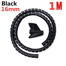 Flexible Spiral Cable Organizer with Clips - Cord Protector and Management Tool (16mmx1m Black)