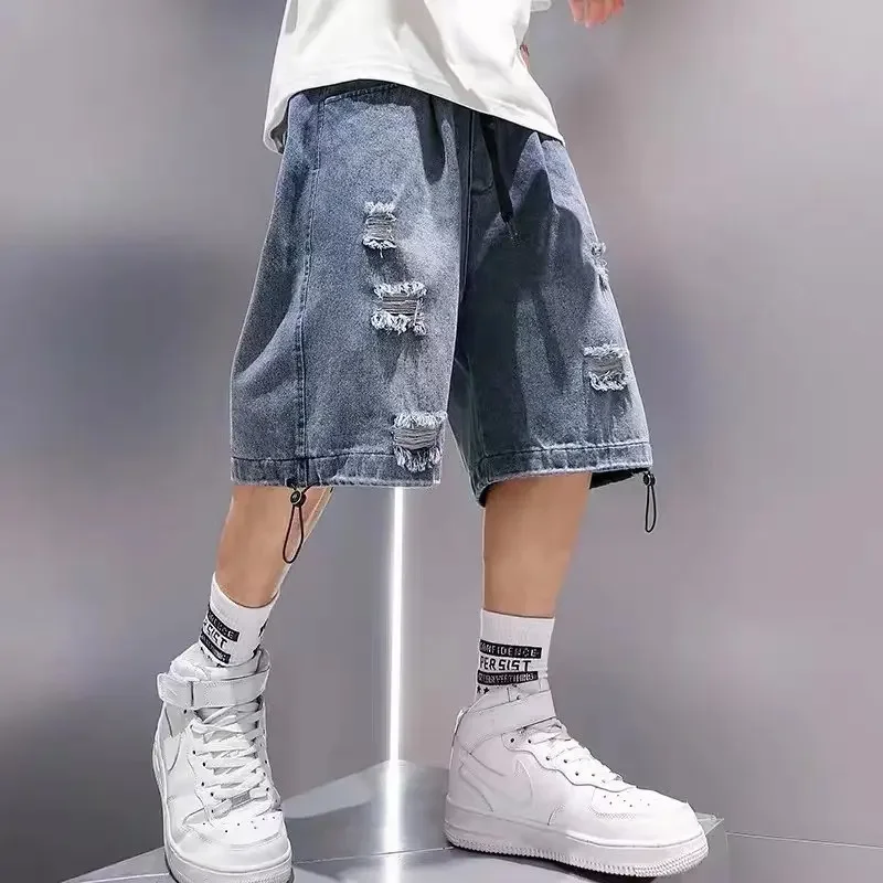 Denim Shorts Summer Men's Denim Shorts Trendy Loose-fit Seven-half Pants Holeed Casual Shorts Five-half Pants