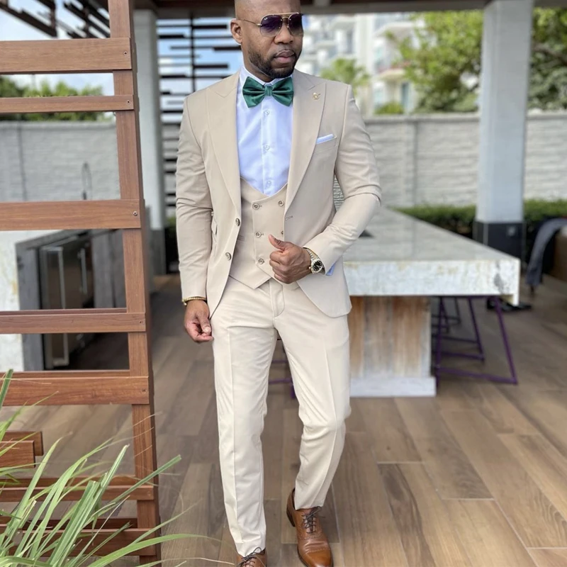 

Beige Suits Men Slim Fit Formal Groom Tuxedos for Wedding Prom Party 3 Piece Male Fashion Costume Jacket Vest with Pants 2022