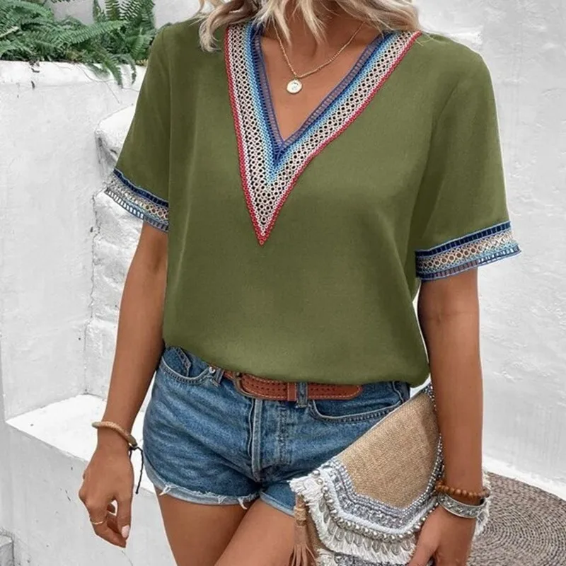 

Summer Short Sleeve V-Neck Casual Loose Solid Lace Chiffon Shirt 2023 Blusa Dorada Elegante Mujer Blouse Cropped Manga Longa