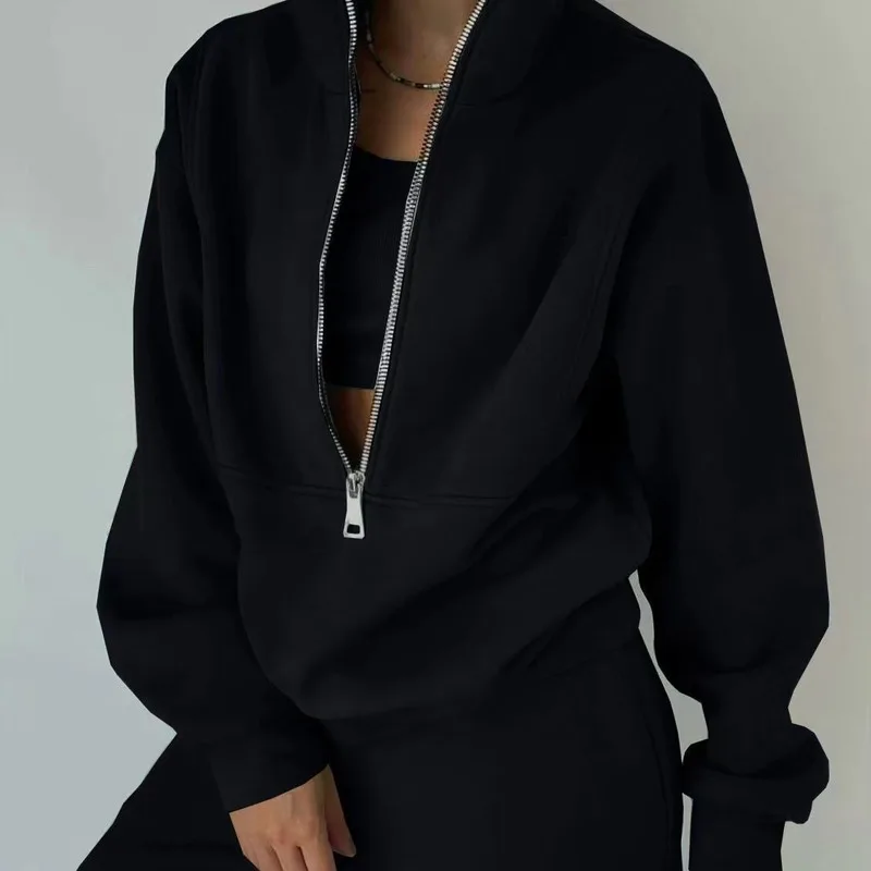 2024 Autumn/winter New Women's Fashion Fleece Thick Sports Leisure Solid Color Zipper Long Sleeve Pants Two-piece Women's Suit