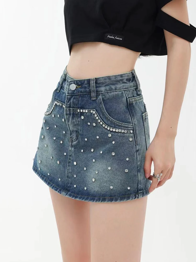 High Quality Chic Beading Shorts Skirts Hot Girls 2023 Summer New Vintage Sexy Zipper Pocket Denim Short Skirts Blue Jean Skirt 2023 women new vintage jeans button fly high waist harem pants indie fashion loose blue jeans y2k chic korean body denim pants