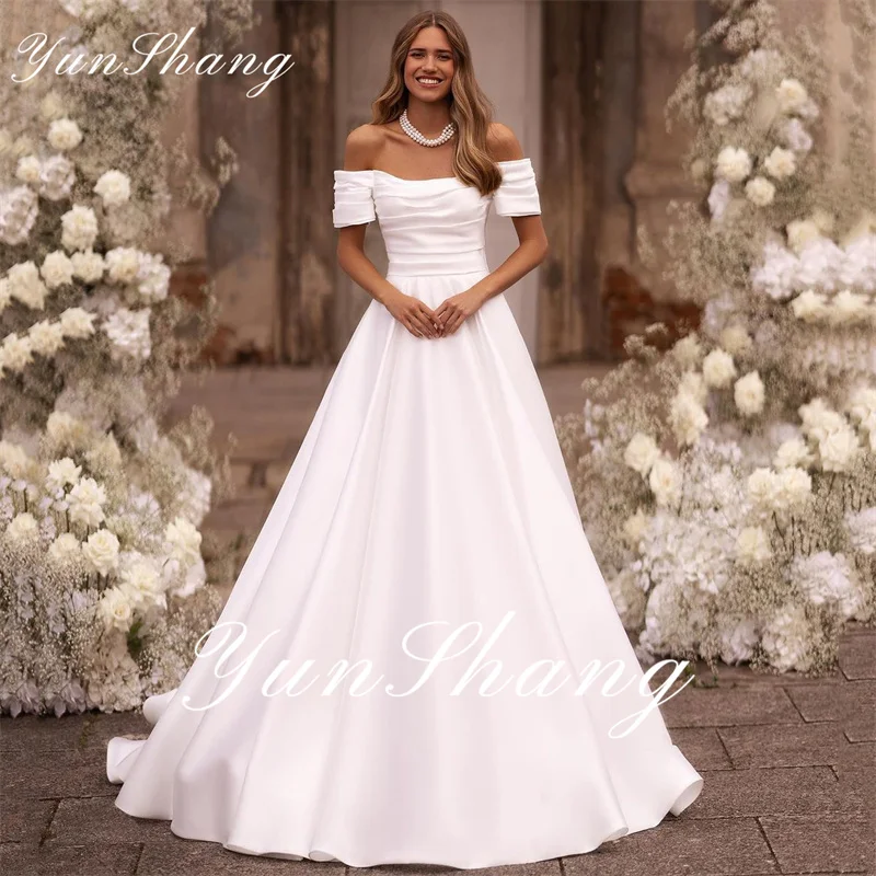 

Yunshang Simple Wedding Dresses Women A-Line Strapless Off The Shoulder Short Sleeve Bridal Gown Court Train Vestidos De Novia