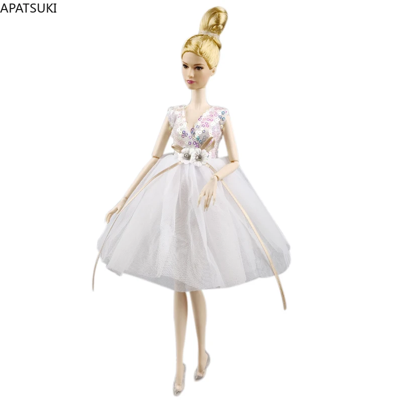 White Sequin Fashion Doll Clothes For Barbie Doll Dress Party Gown Veil Crystal Shoes Outfits Toys For Children 1/6 Accessories