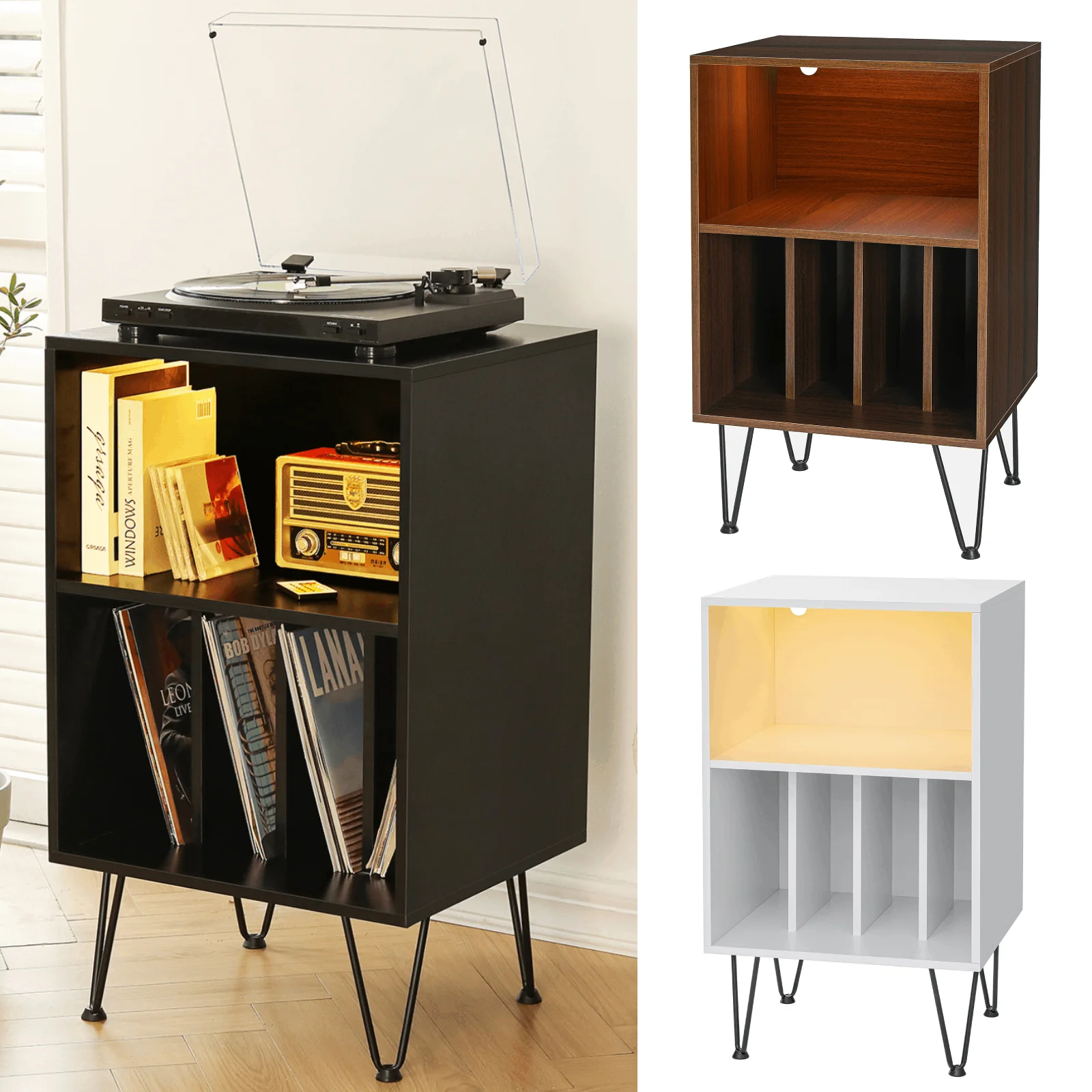 Hoompa LED Record Player Stand with Vinyl Storage Cabinet Holds Up