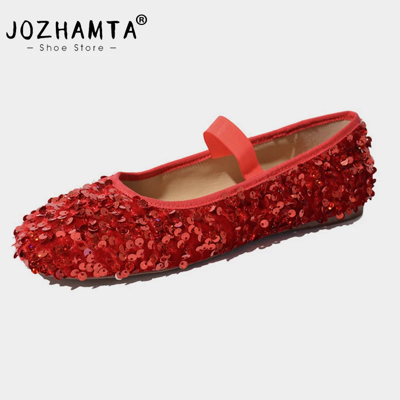 

JOZHAMTA Size 34-40 Women Sparkly Glitter Ballet Flats Shoes Soft Sequin Low Heels Shoes 2024 Spring Dance Bling Bling Ins Dress