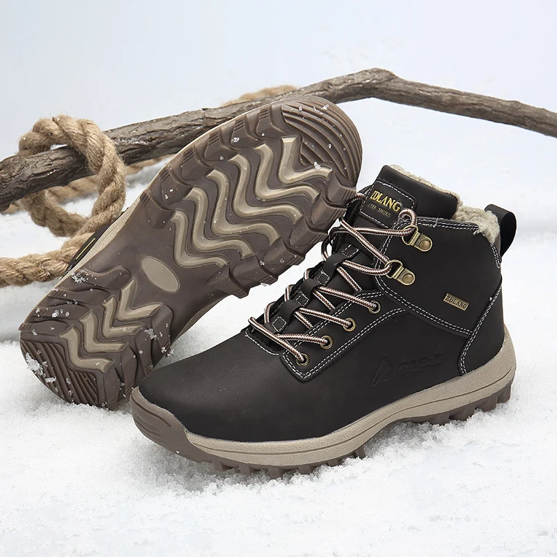 Fashion Leather Men Boots Comfortable Men Shoes Waterproof Ankle Boots Short Plush Winter Warm Work Shoes Big Size 39~48