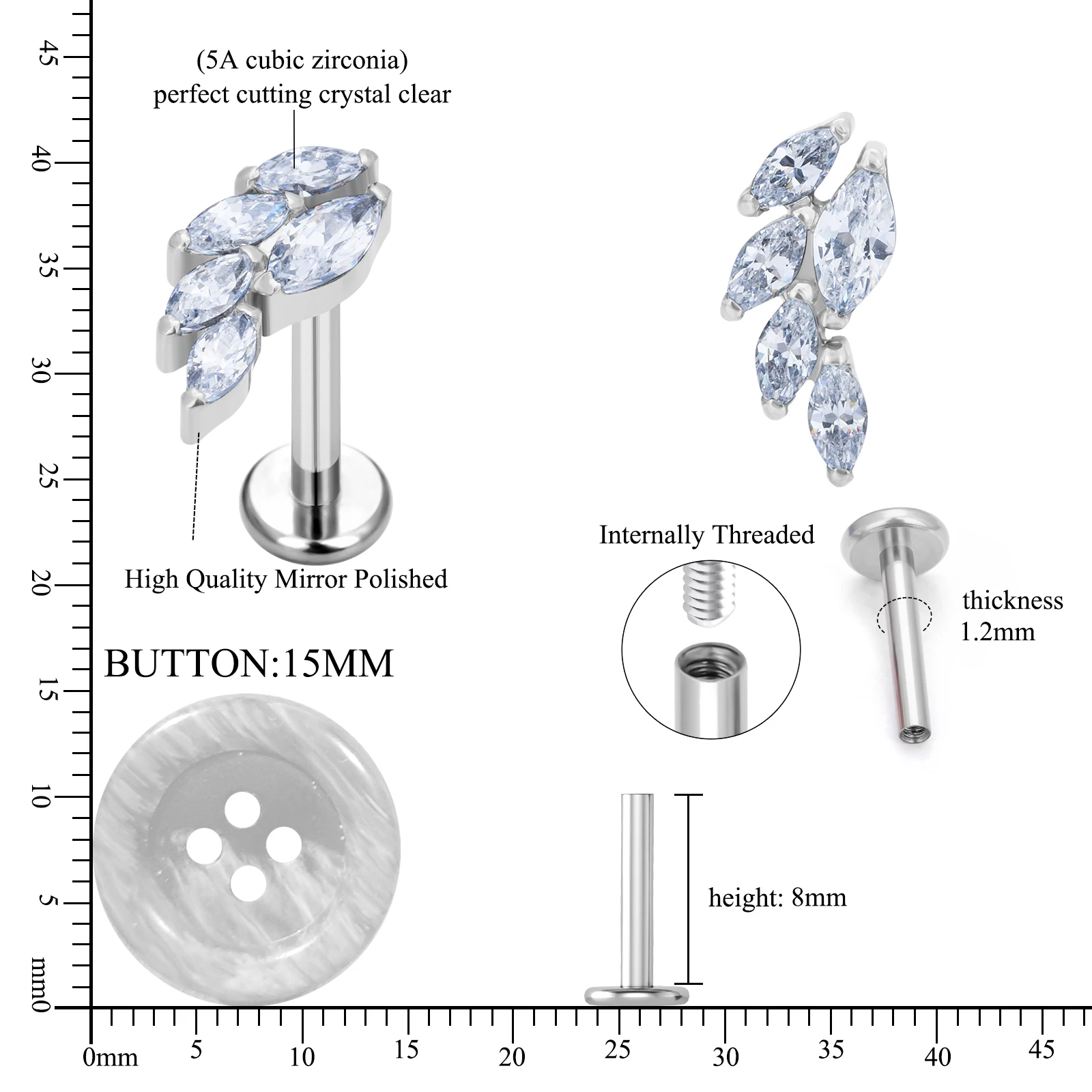 ASTM F136 Titan Funkelnder Marquise CZ Innengewinde Labret Stud Flacher Rücken Ohrringe Helix Tragus Ohrknorpel Körperschmuck – Detail 3