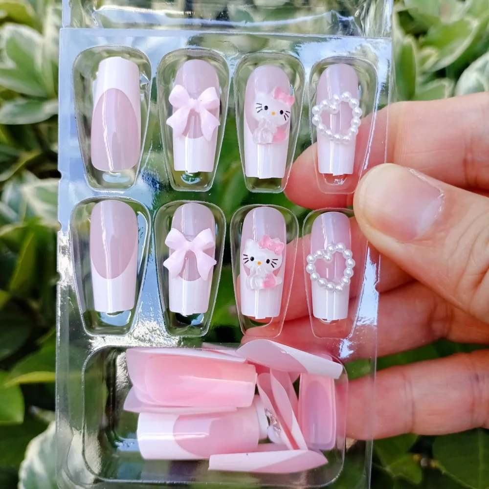 24개입 3D 귀여운 헬로키티 롱 발레 페이크 네일 팁 헬로키티 하트 보우 프렌치 네일 풀커버 키티 캣 프레스온 네일