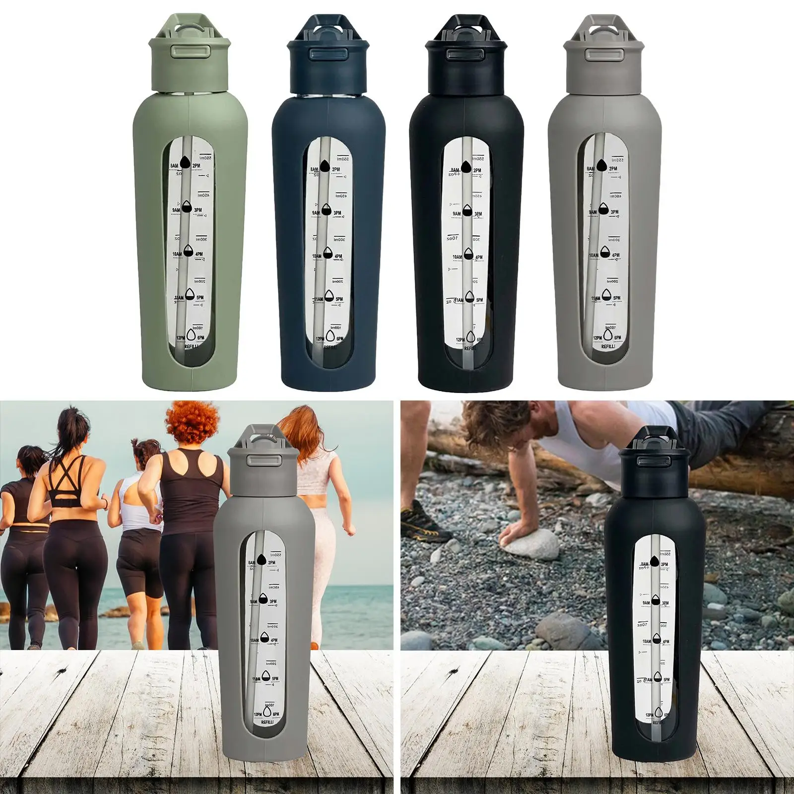 Glass Water Bottle with Silicone Sleeve Sports Bottle for Gym Travel Fitness Glass Water Bottle with Silicone Sleeve Sports Bottle for Gym Travel Fitness